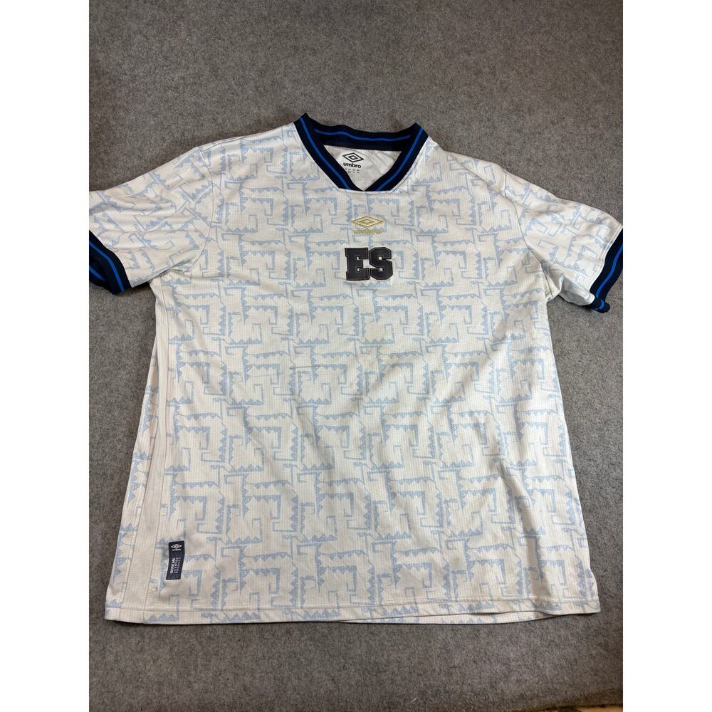 Umbro El Salvador Soccer Jersey Mens White Blue AOP Short Sleeve Sportswear 2XL